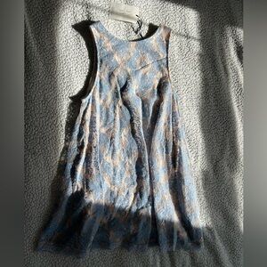 Cream Dress with Light Blue Floral Lace Overlay